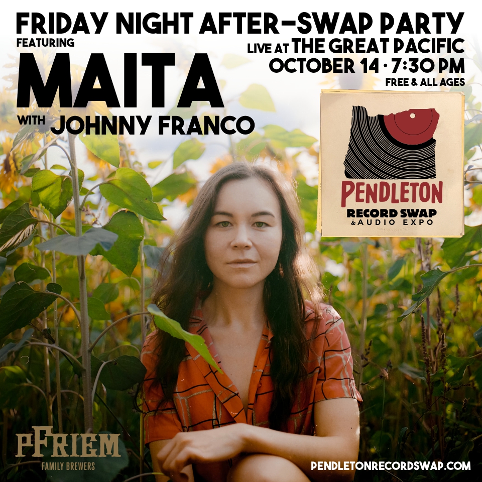 Pendleton Record Swap (@pendrecordswap) on Twitter photo ONE MONTH FROM TONIGHT!
Our Friday Night After-Swap Party will take place at Great Pacific 10/14 featuring <a href="/killrockstars/">Kill Rock Stars</a> recording artist <a href="/MAITAmusic/">MAITA</a> and Portland's newest Troubadour Johnny Franco don't miss out! Plus great brews from <a href="/PfriemBeer/">pFriem Beer</a>! ONE MONTH FROM TONIGHT!
Our Friday Night After-Swap Party will take place at Great Pacific 10/14 featuring <a href="/killrockstars/">Kill Rock Stars</a> recording artist <a href="/MAITAmusic/">MAITA</a> and Portland's newest Troubadour Johnny Franco don't miss out! Plus great brews from <a href="/PfriemBeer/">pFriem Beer</a>!