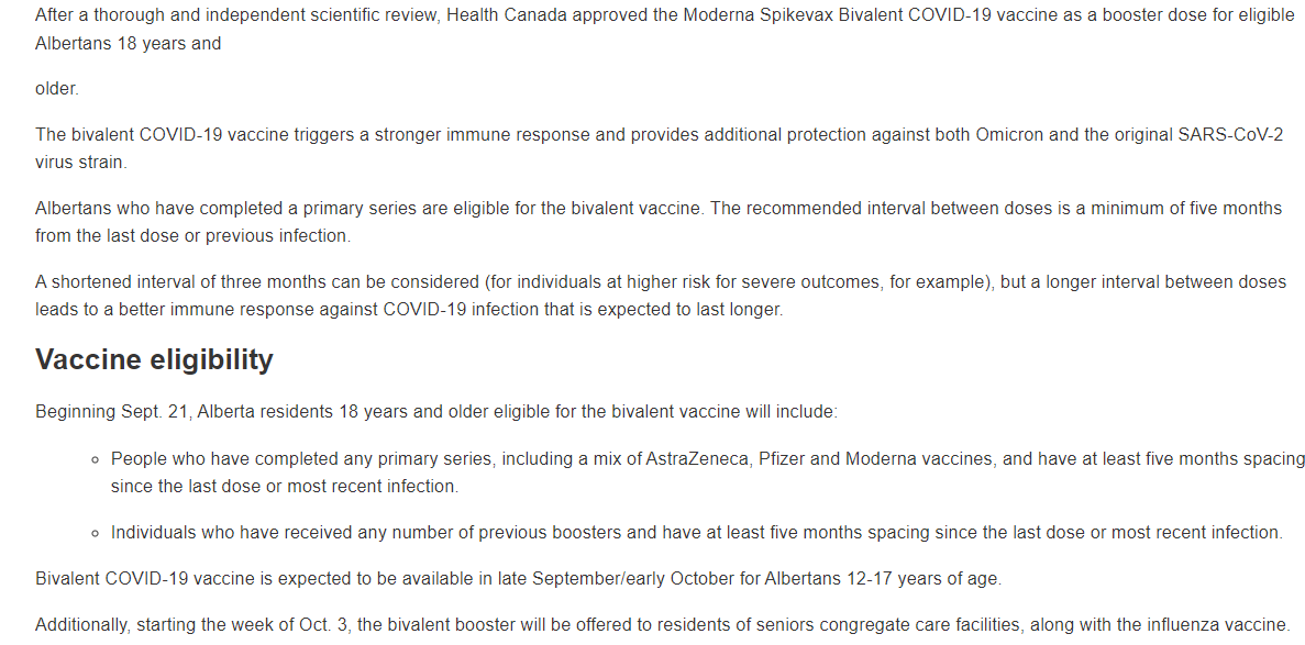 JenLeeCBC's tweet photo. NEW: Alberta has just announced it will begin offering the bivalent COVID booster to people 18+ on Sept 21.
12-17 year olds are expected to be eligible late September/early October
Details in press release: https://t.co/IHnuPrLHgS