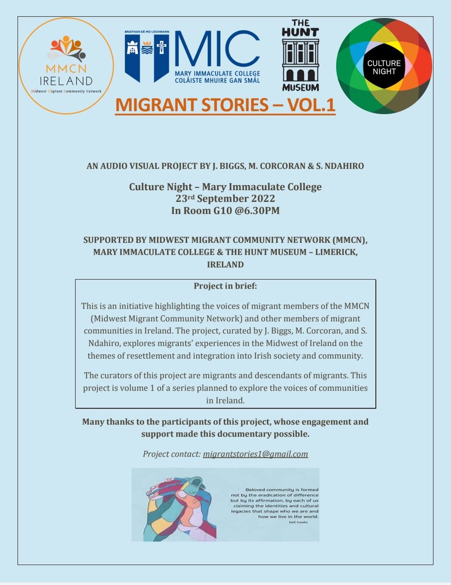 MC44940117's tweet photo. Migrant Stories is a documentary project highlighting the experiences of migrants who are living in the midwest of Ireland. We are proud to share these stories at the MIC culture night event. Details below. https://t.co/NOFUY6ehUW