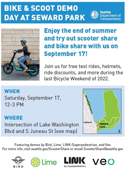 seattledot's tweet photo. This Saturday (9/17) 12PM-3PM, we’re hosting a #FREE Bike &amp; Scoot Demo Day at Seward Park #BicycleWeekend, in partnership with @BirdRide, @Limebike, @Superpedestrian, and @VeoRideMobility! Swing by and test out our scooter and bike share options! https://t.co/JXbKbIcx7B