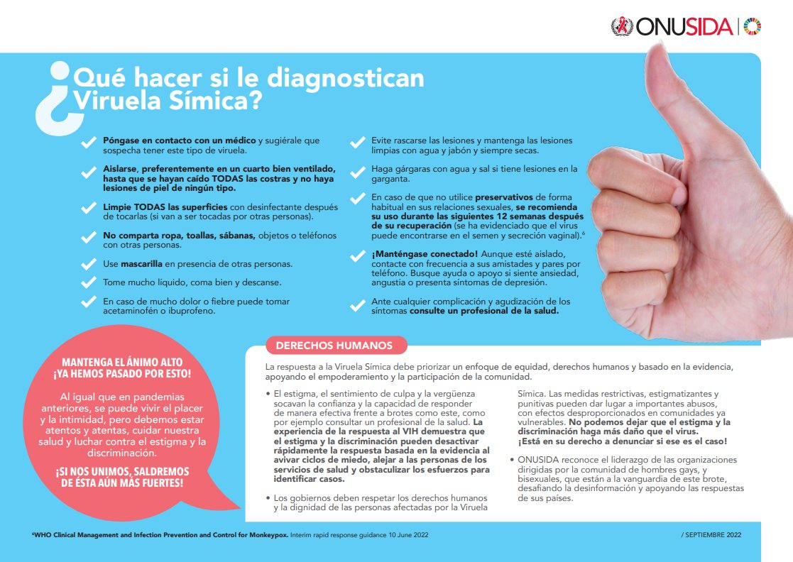 ¿Qué hacer si le diagnostican viruela del mono y vive con el VIH? ONUSIDA ha preparado un resumen que puede resultarle útil. ¡Comparta esta información en sus redes y entre sus contactos!