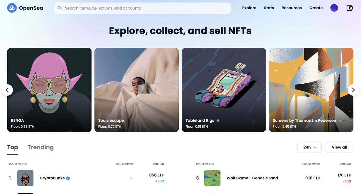 archsankar's tweet photo. We have a new, enhanced canvas for showcasing all the amazing NFTs on @opensea home page. And a prominent surface for Top &amp; Trending! https://t.co/4bSBo1pH96