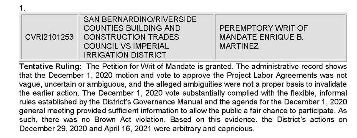 dcgalex's tweet image. Another win for #labor. @IIDatWork's project labor agreement is upheld by the courts. The new board's actions were ruled "arbitrary and capricious". No #BrownAct violations.
 
#UnionStrong 

The tentative ruling can be found here: trellis.law/case/cvri21012…