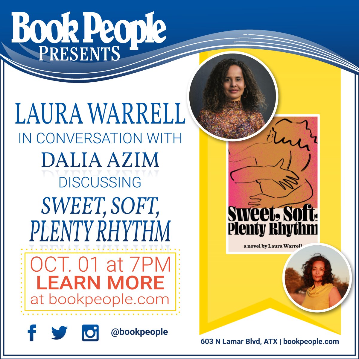 Join us on Saturday, October 1 to celebrate Laura Warrell and SWEET, SOFT, PLENTY RHYTHM! Celeste Ng called it a 'gorgeously written debut' about the perennial temptations of dangerous love. how do we find belonging when love is unrequited? Learn more: bookpeople.com/event/laura-wa…