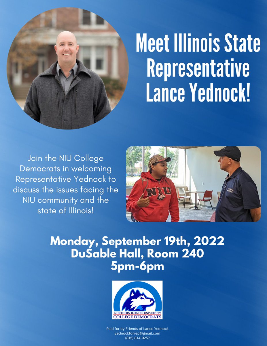 NIUDems's tweet photo. Join us next Monday and come meet Illinois State Representative Lance Yednock! https://t.co/rrxsSg11aX