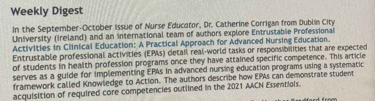 Kudos to my colleagues on being mentioned by the American Association Association of Colleges of Nursing on this recent Entrusbable Professional Activities in Clinical Education: A Practical Approach publication <a href="/Ceic_DCU/">DCU Centre for eIntegrated Care (CeIC)</a> <a href="/NurMidONMSD/">ONMSD</a> <a href="/detmercy/">University of Detroit Mercy</a> <a href="/gvsukcon/">GVSU Kirkhof College of Nursing</a> <a href="/gwNURSING/">GW School of Nursing</a> <a href="/ICNurses/">ICN</a>