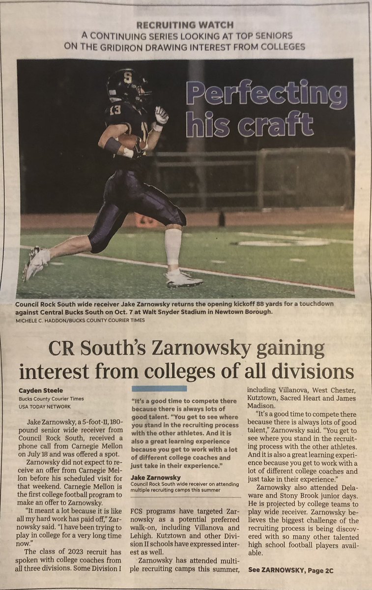 JakeZarnowsky's tweet photo. Happy to be mentioned in the Bucks County Courier Times. Thanks @cayden_steele19 for the interview. @crsfootball @PIAASports @PaFootballNews @SOLsports @EPAFootball https://t.co/9nLrJ9L7JD