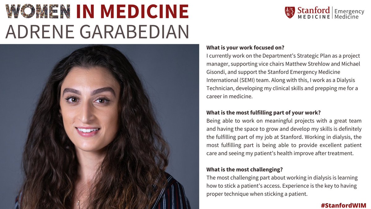 'Being able to work on meaningful projects & having space to develop my skills is definitely the fulfilling part of my job.' Adrene Garabedian supports @StanfordEMED vice chairs & Stanford EM Internat'l WHILE prepping for a career in medicine. #StanfordWIM @StanfordMed #WIMMonth