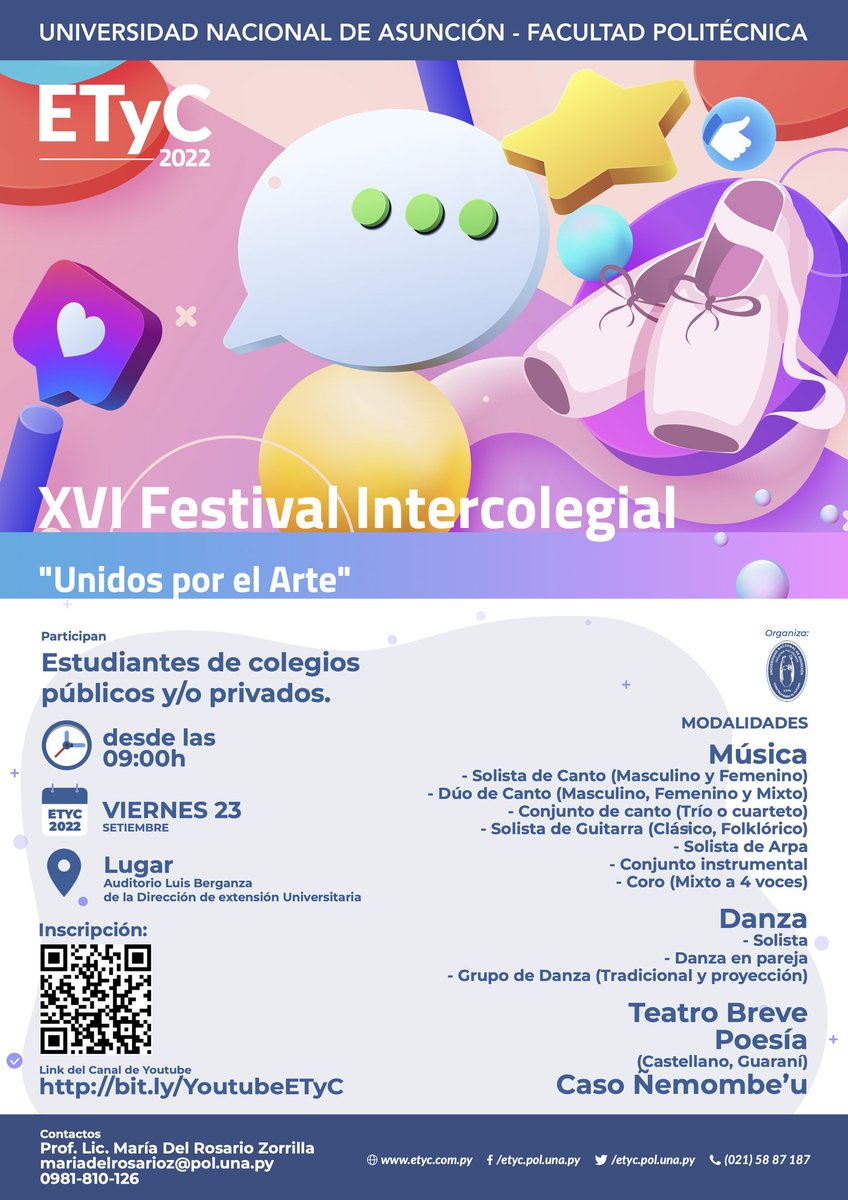 ETyC_py's tweet photo. Imperdible el XVI Festival Intercolegial “Unidos por el Arte” 🎨
🎵 Música
🩰 Danza
🎭 Teatro
🎤 Poesía
🗓️ Viernes 23-09
🕜 Desde las 9:00
📍 Auditorio Luis Berganza de la dirección de extensión universitaria
Transmisión en vivo por YouTube
🔗 https://t.co/EGTkNfnsEK
#ETyC https://t.co/ACxAcLMXDu