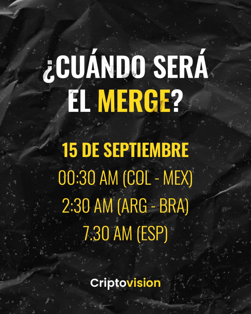criptovisiontv's tweet photo. Tenemos horario 🙌🏼
🕕 ¡Agendalo! Se estima que este sería el horario del Merge.
A través de nuestras redes vamos a estar compartiendo todas las novedades así que estén atentos 😉
#Cripto #Criptomonedas #LaGranComunidadCripto #TheMerge #Ethereum #SorteoCripto https://t.co/3jyKDmC1cp
