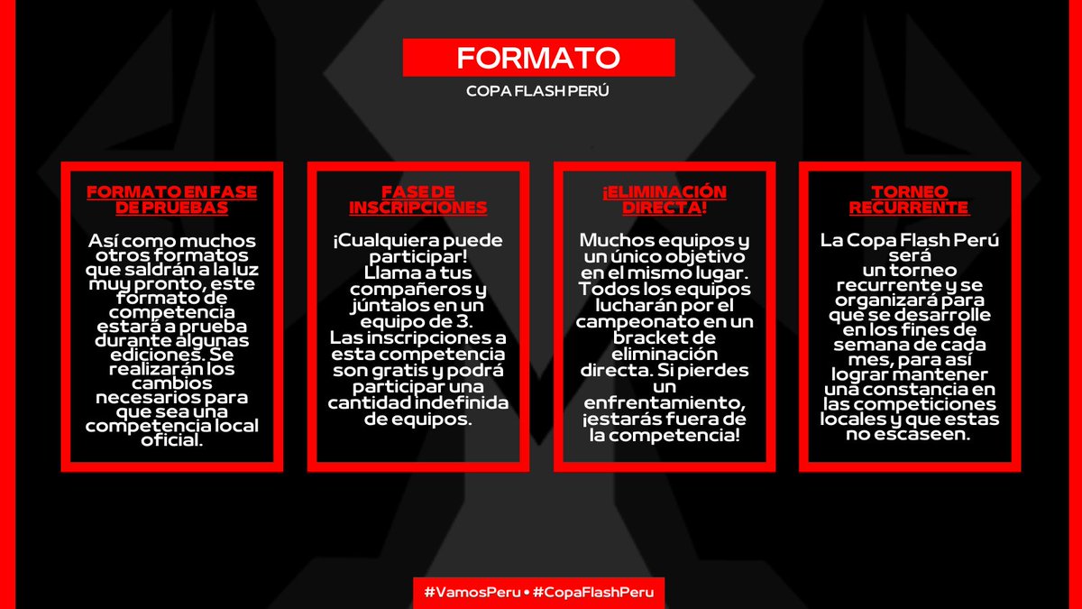 ComunidadBS_PE's tweet photo. ¡Atención! Presentamos un nuevo formato de competencia local.

Con ustedes, ¡Copa Flash Perú! ⚡🏆

Entérate un poco acerca de esta nueva integración en la imagen resúmen que se adjunta a esta publicación ⬇️.

#VamosPeru • #CopaFlashPeru https://t.co/rqpUVT2y4k