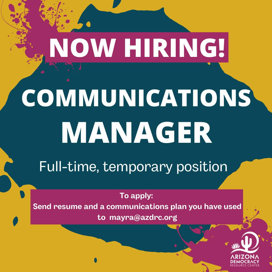 ArizonaResource's tweet image. We are hiring a Communications Manager for a Full-time, temporary position! Send a resume and communications plan or project plan that you’ve used to Mayra at mayra@azdrc.org