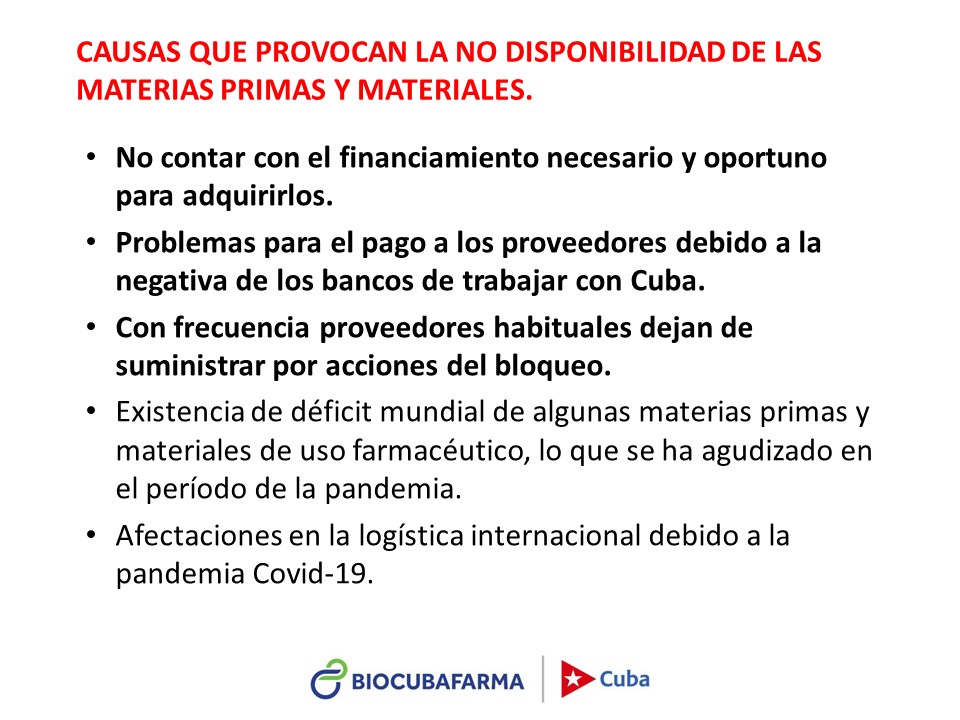 BioCubaFarma's tweet photo. No contar con el financiamiento oportuno, problemas con los pagos a los proveedores por la negativas de los bancos de trabajar con #Cuba y a declinación de algunos proveedores, afectan la disponibilidad de los medicamentos. https://t.co/3BUfUXwhg9