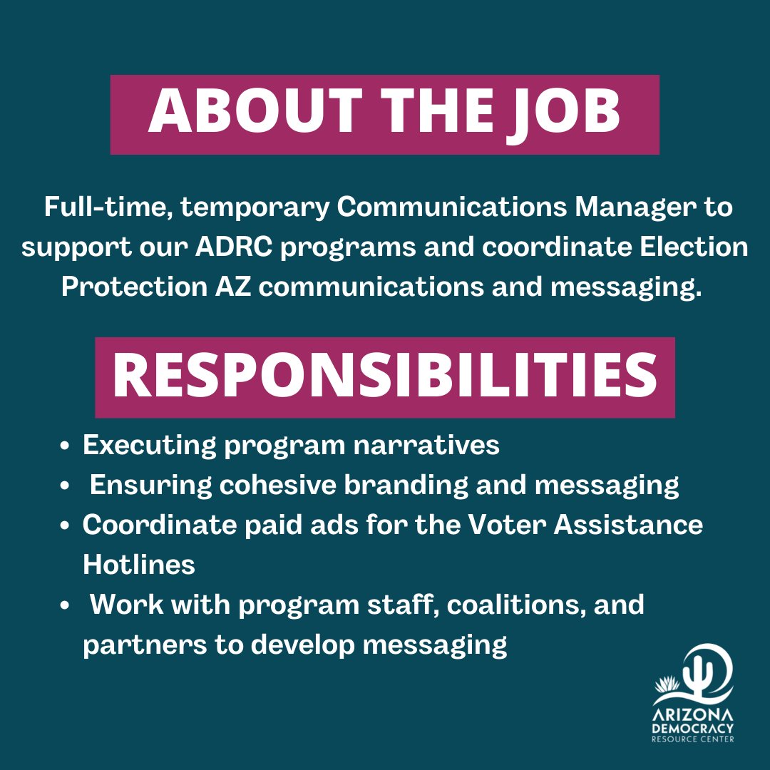 ArizonaResource's tweet image. We are hiring a Communications Manager for a Full-time, temporary position! Send a resume and communications plan or project plan that you’ve used to Mayra at mayra@azdrc.org