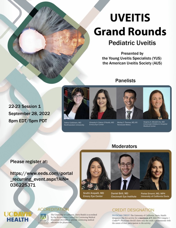 Join us for a special session of Uveitis Grand Rounds on on pediatric uveitis @UveitisSociety @YoungUveitis @SArepalliMD @ucd_eyecenter @EmoryEyeCenter