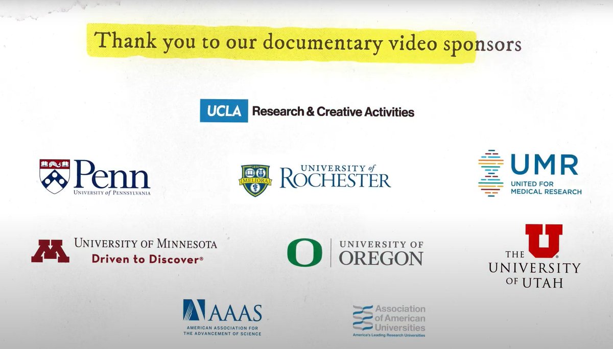 GoldGooseAward's tweet photo. The Golden Goose Award Ceremony #GGA22 wouldn't be possible without our sponsors. 🎉🙌As we watch the 2022 Documentary Short Video, special thanks to our documentary video sponsors for helping us to make this year's video. @aaas @AAUniversities @Penn @UMR4NIH @UCLA https://t.co/FvHB7YwfVm
