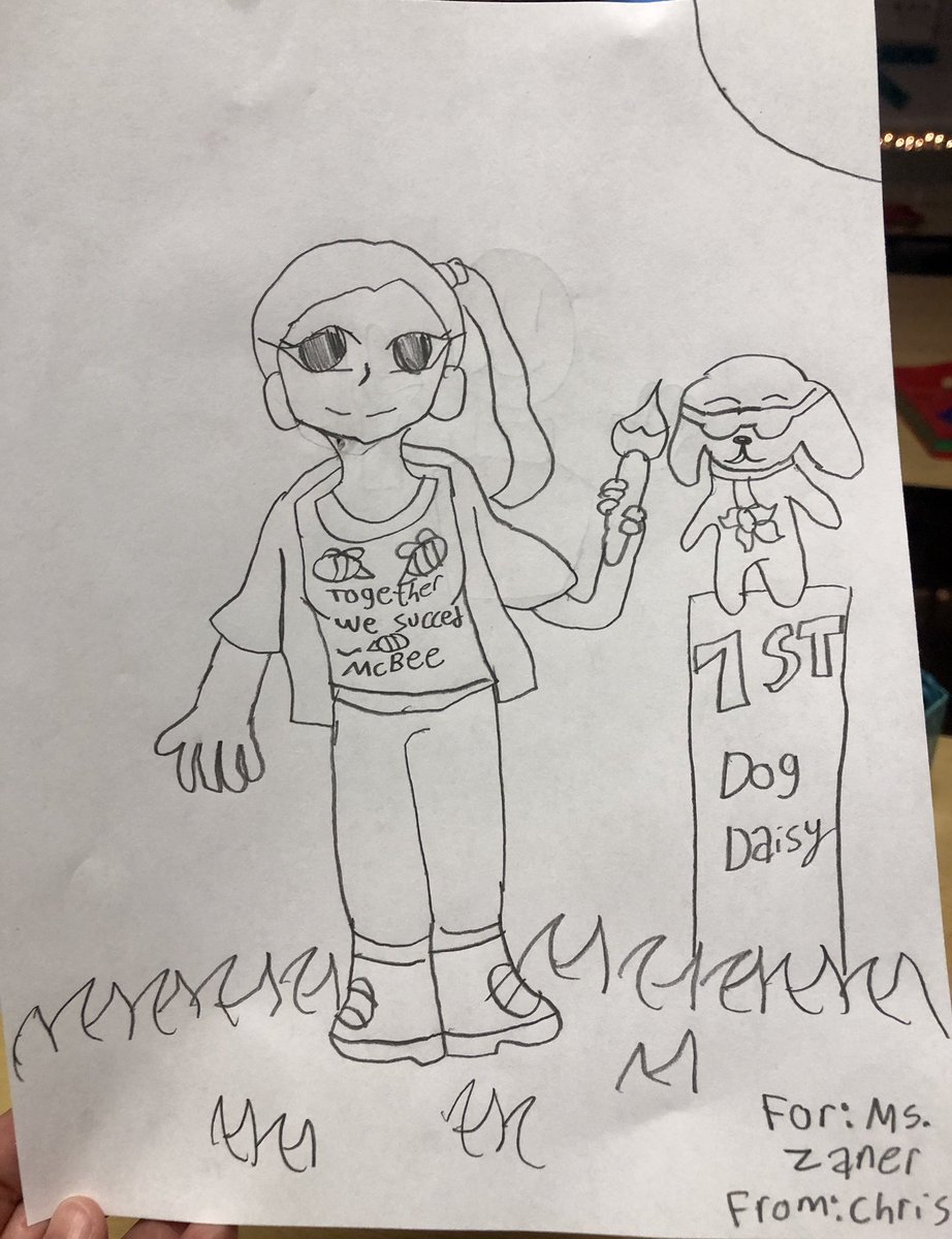 MsZaner's tweet photo. Featuring these 2 talented artists @ElementaryMcbee! A 2nd grader with a beautiful imagination that pays attention to details and adds shading to her work! And a 4th grader that loves to draw cartoons, anime, and me &amp; my dog Daisy! Great job! #freedraw #futurefamous @AISDArts https://t.co/pXXpwYIay4