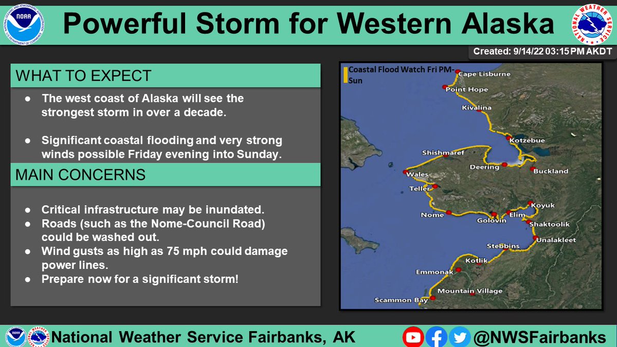 NWSFairbanks's tweet photo. ⚠️ A very significant storm is anticipated for western Alaska Friday into Sunday. Prepare for significant coastal flooding (potentially the highest values in over a decade) and strong winds. 

Visit https://t.co/wWyHaEriQB for the latest information. https://t.co/9Az2iOVWBn