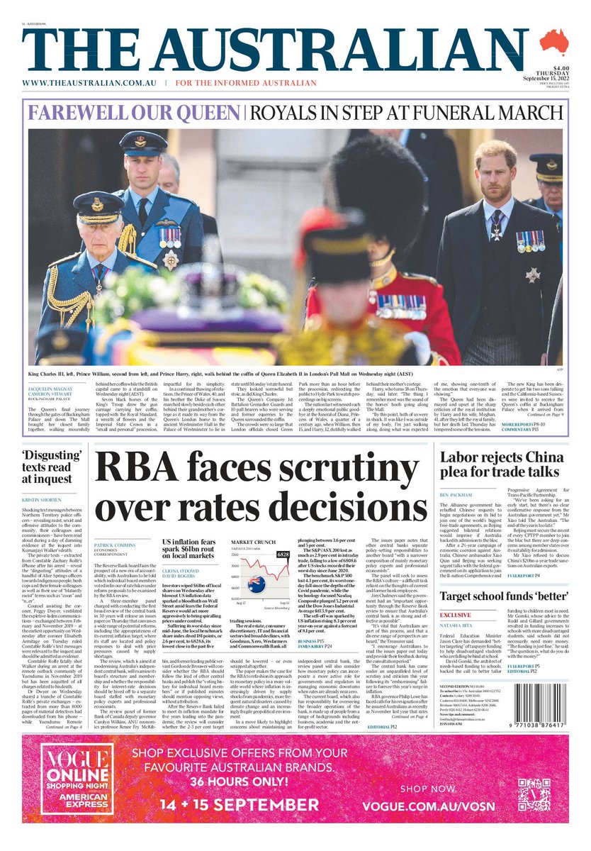 The Australian front page:

RBA FACES SCRUTINY OVER RATES DECISIONS

The Reserve Bank board faces the prospect of a new era of accountability, with Australians to be told which individual board members voted in favour of rate hikes under reform proposals.