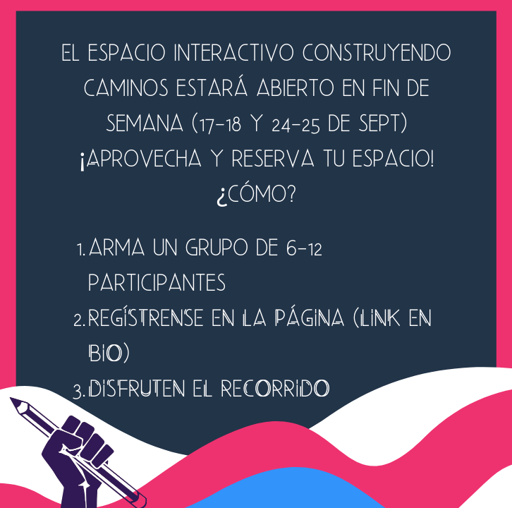 ClaustroPsico's tweet photo. El espacio interactivo construyendo caminos estará abierto en fin de semana (17-18 y 24-25 de sept)
¡Aprovecha y reserva tu espacio!
¿cómo?
1. Arma un grupo de 6-12 participantes
2. Regístrense en la página https://t.co/Ani7Xhb8Vz
3. Disfruten el recorrido https://t.co/taQDT9HAmm