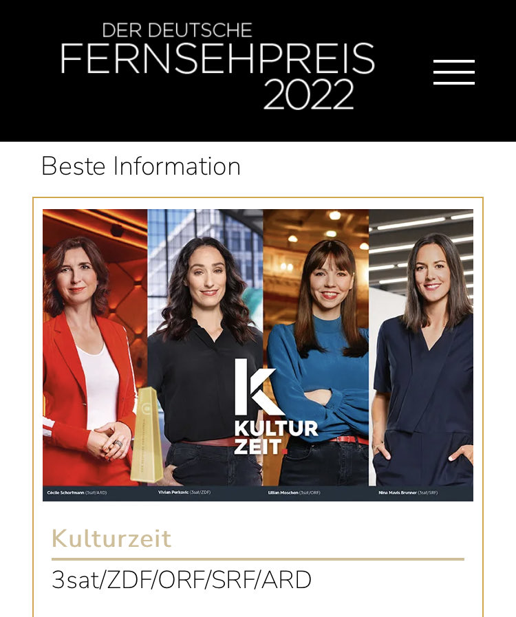 AnneReidt's tweet photo. Tolles Statement für die Kultur. ⁦@3sat⁩|Kulturzeit holt den deutschen Fernsehpreis in der Kategorie Information. 🧡💙❤️ @zdf ⁦@ARD_Presse⁩ ⁦@ORF⁩ ⁦@SRF⁩ https://t.co/sFXxzgl9pA