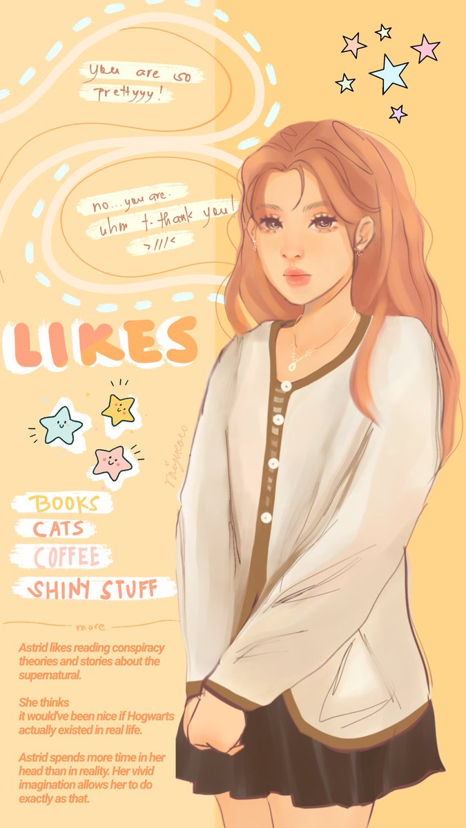 hello everyone! this is my first ever oc, astrid. ✨ she usually has a very shy and quiet personality but she becomes her best self when talking about her interests. 💗