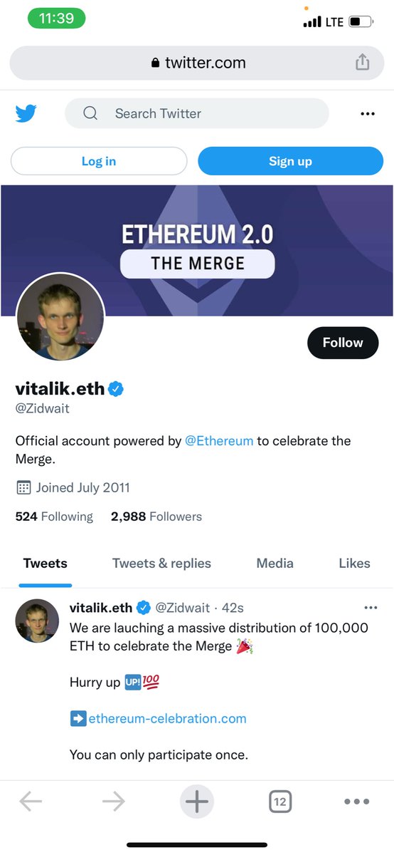JakeAtJake's tweet photo. @VitalikButerin The merge made me think it might be possible... Below is screenshot of the fake verified account. Is there something that can be done? I'm sure I'm not the only one. https://t.co/6DoyTpFfOb