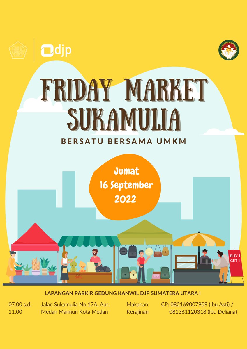 pajaksumut1's tweet photo. Halo #SobatUKM

Sudah rindu mau belanja di UMKM Binaan Kanwil DJP Sumatera Utara I??

Tenang saja!! 
Kanwil DJP Sumatera Utara I bersama DWP Kanwil DJP Sumatera Utara I kembali mempersembahkan Friday Market Sukamulia “berSATU BERSAMA UMKM” https://t.co/Hxyi1aFKOz