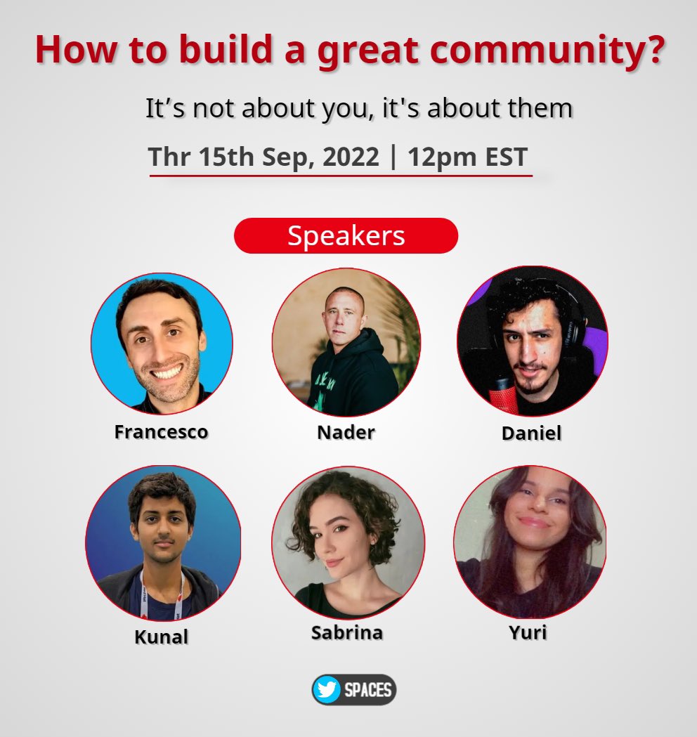How to build a community that's truly great and provides real value?

I'll pick the brain of some of the most expert people I know on this subject.

<a href="/dabit3/">nader dabit</a> 
<a href="/kunalstwt/">Kunal Kushwaha</a> 
<a href="/FrancescoCiull4/">Francesco Ciulla</a> 
<a href="/danielhe4rt/">danielhe4rt.php</a> 
<a href="/yuricodesbot/">Yuri 👾</a> 

Today 12pm EST. Set your reminders!
x.com/i/spaces/1jMJg…