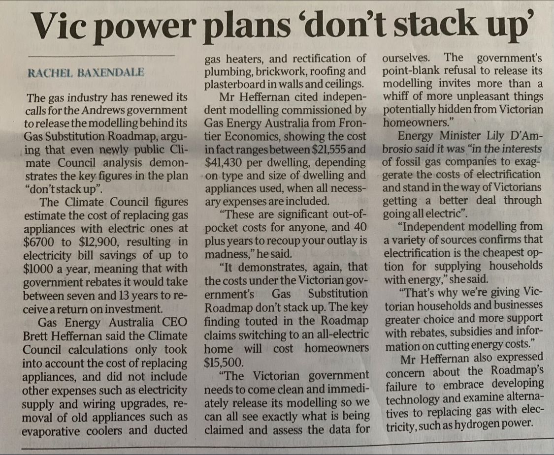 GasEnergyAust's tweet photo. With the Climate Council joining gas providers and appliance manufacturers in pointing out major affordability gaps in the Vic Govt’s bid to see household switch to all-electric homes, it reinforces the need for the Govt to release its increasingly dubious Roadmap modelling... https://t.co/1q7nAsIcd2