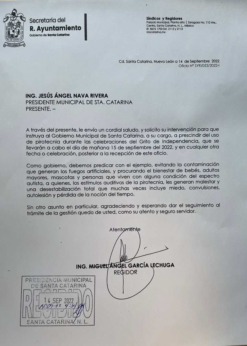 MiguelLechugaNL's tweet photo. Hoy presenté un exhorto al alcalde de #SantaCatarina, @JesusNavaNL, para que instruya a su gobierno a no usar pirotecnia en las fiestas patrias, o cualquier fecha o celebración por venir. Pensemos en todos los que la pasan mal y celebremos a #México con responsabilidad. https://t.co/xaXQhdnVqy