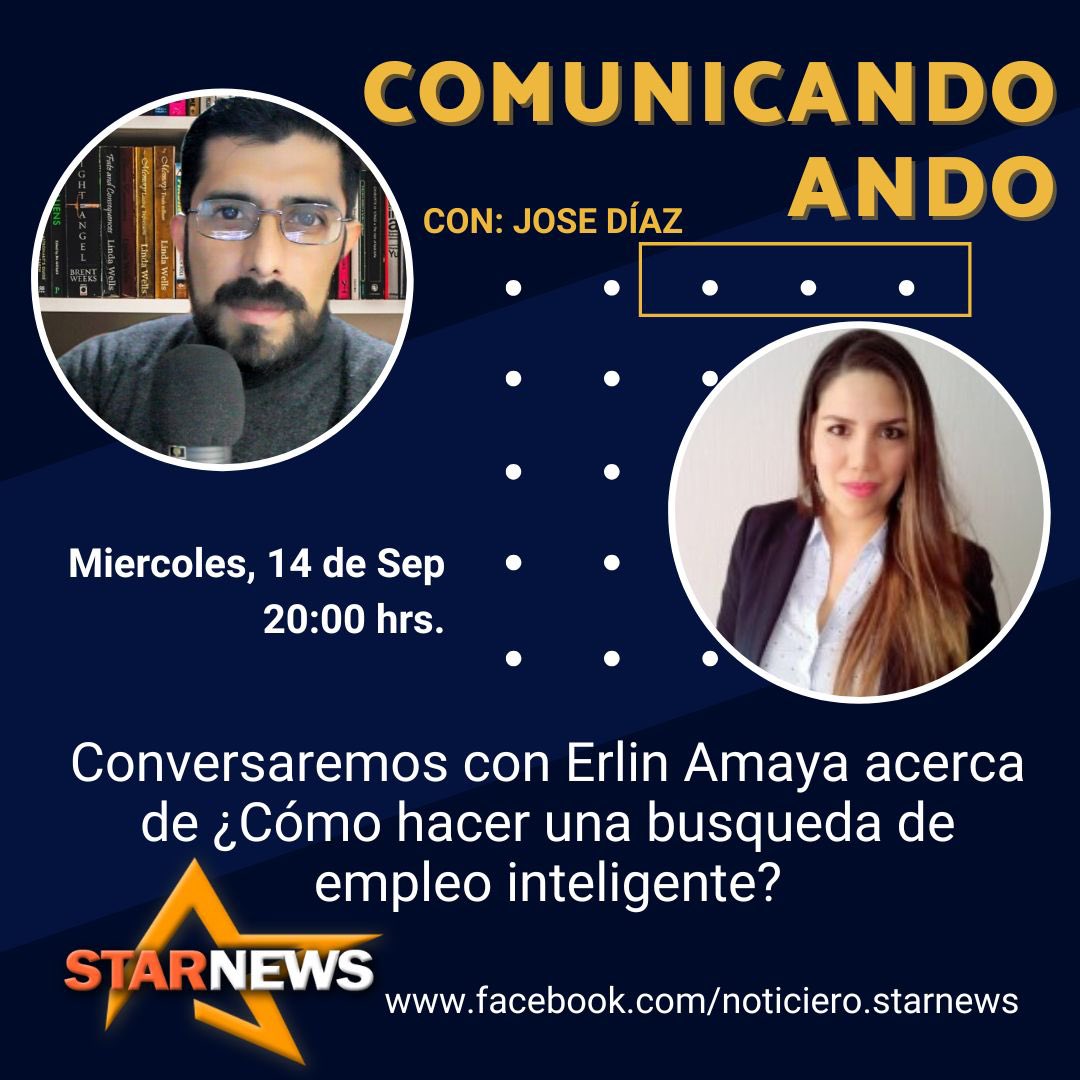 jdiazcomunicac1's tweet photo. #Hoy #Miercoles en #ComunicandoAndo con @soyjdiaz Conversaremos con Erlin Amaya de @OrangeTalentGr acerca de ¿Cómo realizar una búsqueda de #Empleo inteligente y encontrar el #TrabajoIdeal para nosotros?
#LosEsperamos desde las 20:00 horas por @SacStarNews https://t.co/LAqRAzElGy