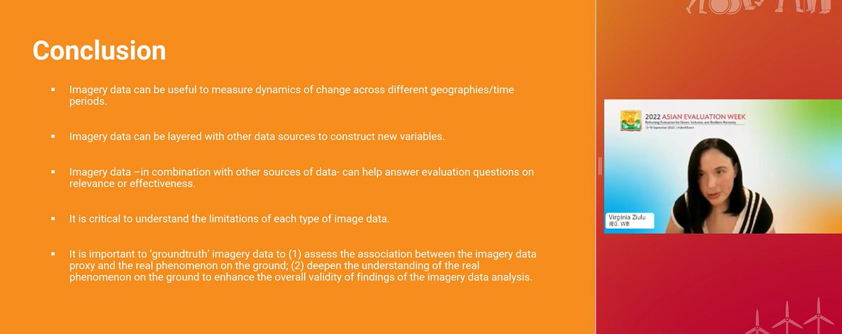 adbevaluation's tweet photo. It's important to ‘groundtruth’ #imagerydata to assess link between the imagery data proxy & the on-ground experience, and to deepen the understanding of that experience to enhance overall validity of the findings - Virginia Ziulu, @WorldBank_IEG at #AsianEvaluationWeek22 https://t.co/grw5AfCzDm