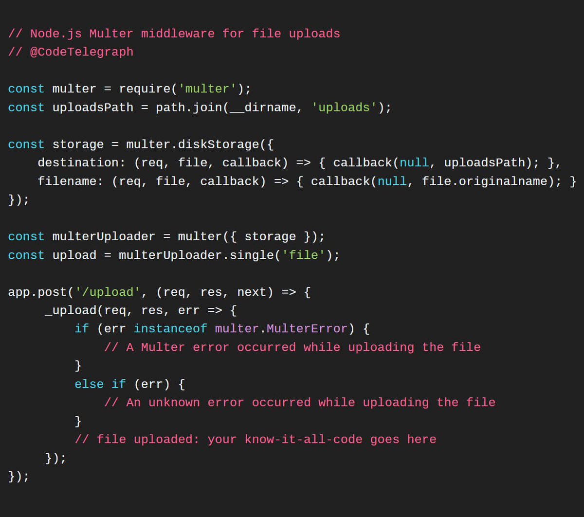 CodeTelegraph's tweet image. #NodeJS  #Multer #middleware #FileUpload
#FullStack #webdevelopment #client #Server #backend #VueJS #Angular #Node #React #ExpressJs
