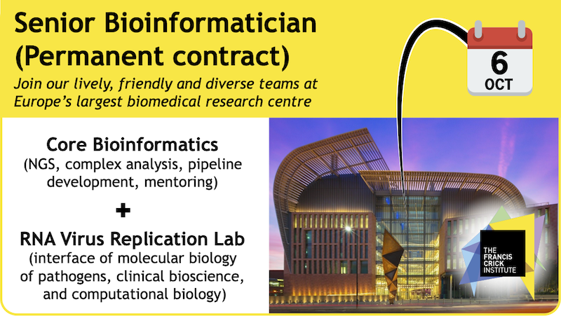 David LV Bauer (@davidlvbauer) on Twitter photo We're recruiting a permanent Senior Bioinformatician <a href="/TheCrick/">The Francis Crick Institute</a>... work between our group 🦠🧬 {molecular biology of pathogens, RNA, clinical bioscience, computational biology} + core service 🖥️🔢 {NGS, exposure to breadth of Crick science, talented team}. crick.ac.uk/careers-study/… We're recruiting a permanent Senior Bioinformatician <a href="/TheCrick/">The Francis Crick Institute</a>... work between our group 🦠🧬 {molecular biology of pathogens, RNA, clinical bioscience, computational biology} + core service 🖥️🔢 {NGS, exposure to breadth of Crick science, talented team}. crick.ac.uk/careers-study/…