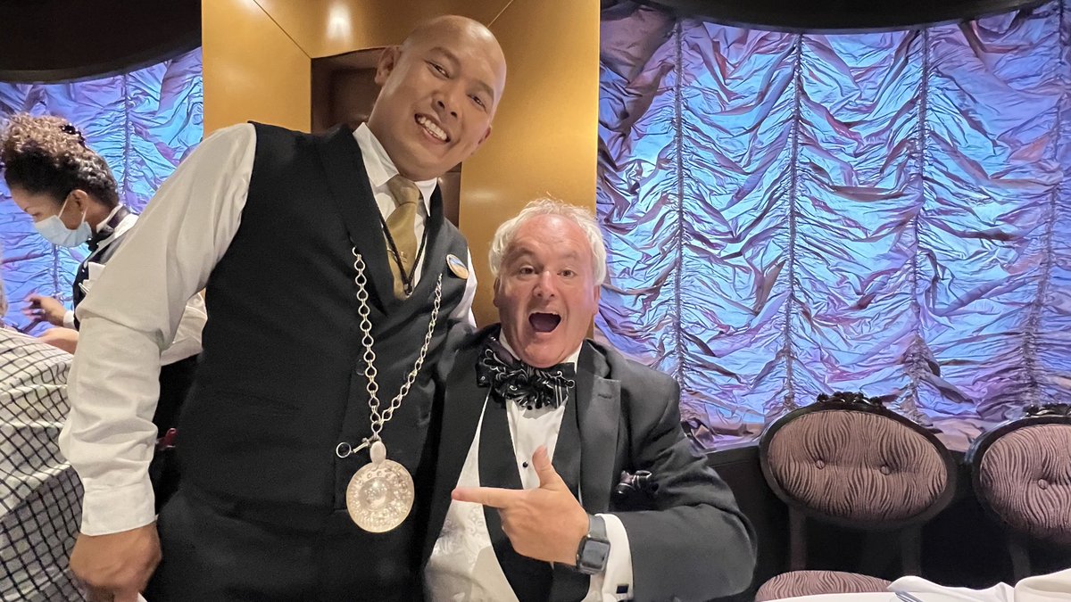 WineRoomVideos's tweet photo. Look at this guy’s #Tastevin - Aron the Wine Steward aboard the Divina @MSCCruisesUSA  First time I’ve ever seen anyone wear one . . . #Winning - interesting history of the TasteVin. I have two at home but I’ve never seen anyone wearing one in real life #wine https://t.co/6Cs2VocQx0