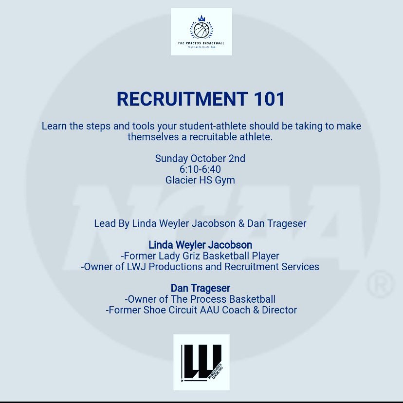 Coaches, parents/student-athletes grades 7-12 get this on your calendar. 

Free workshop on recruiting w/ LWJ &amp; Dan Trageser <a href="/Processbball/">Process_basketball</a> 

🗓Sunday Oct. 2
⏰ 6:10-6:40
📍Glacier HS (Kalispell,MT) 

Can’t wait to check out the talent in the Flathead Valley area! 

#mtscores