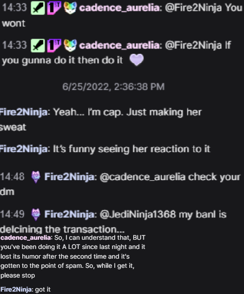 Voidfang91's tweet photo. @fire2ninja @yanabellsexe That's not what your chat history and DM's to me say, even after admitting you were just capping for her reaction and even after I told you to stop kept going with the charade. https://t.co/zmc0hVpzQF