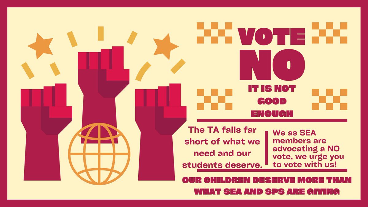 AkiKuroseSEA's tweet image. Please vote no on the SEA's TA! It is not good enough for educators or children. The staffing ratios still aren't good enough. The compensation is no where near what we need to live in a city like Seattle. This TA does not protect us where we need it! #SEAStrong