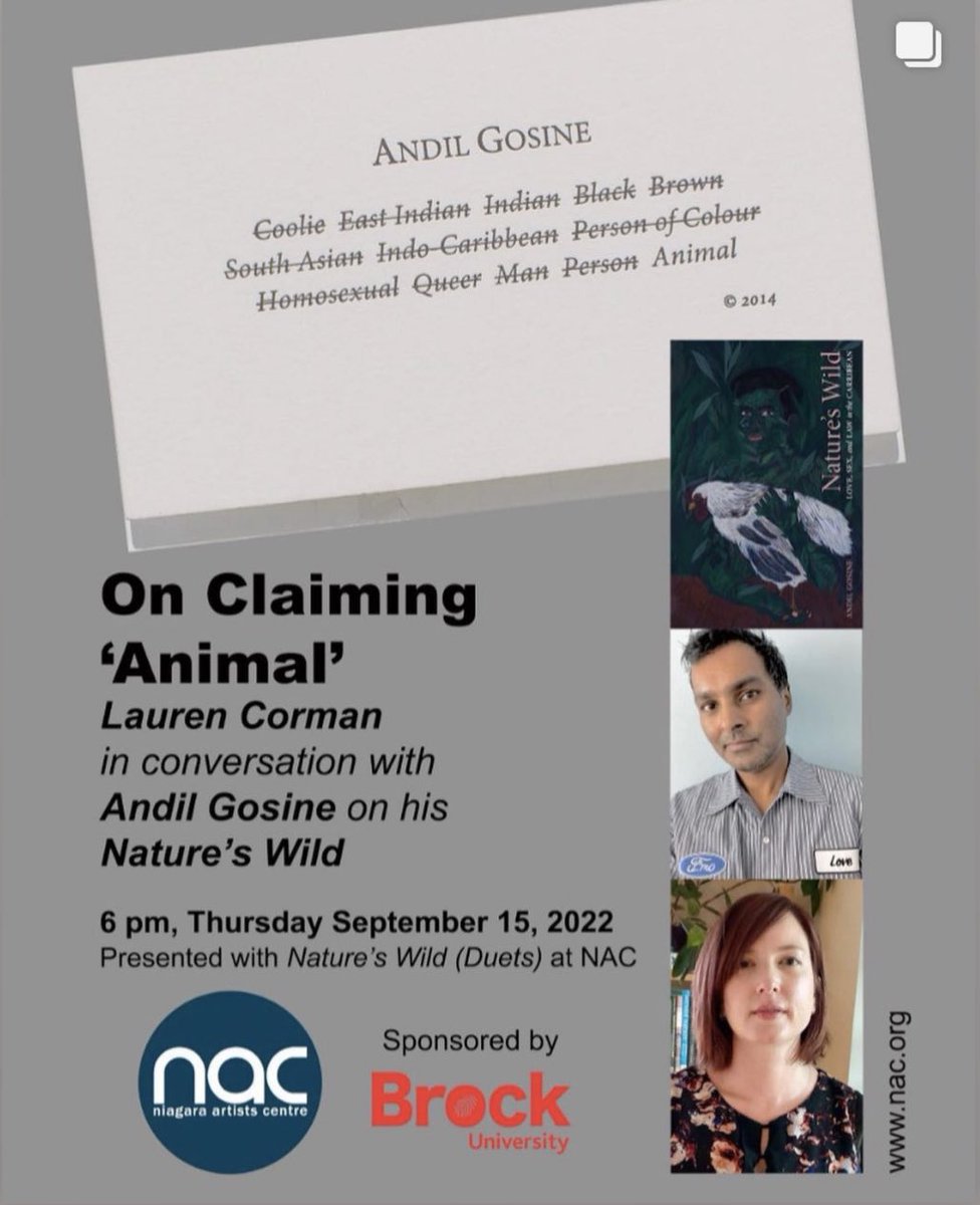 Tomorrow at the @NiagaraArtists Centre, 6pm! Author/artist talk with Andil Gosine about his book, Nature’s Wild: Love, Sex, and Law in the Caribbean. Everyone welcome. <a href="/BrockUSociology/">Brock Sociology</a> <a href="/BrockUFOSS/">Brock Social Science</a> #natureswild #andilgosine #animalstudies