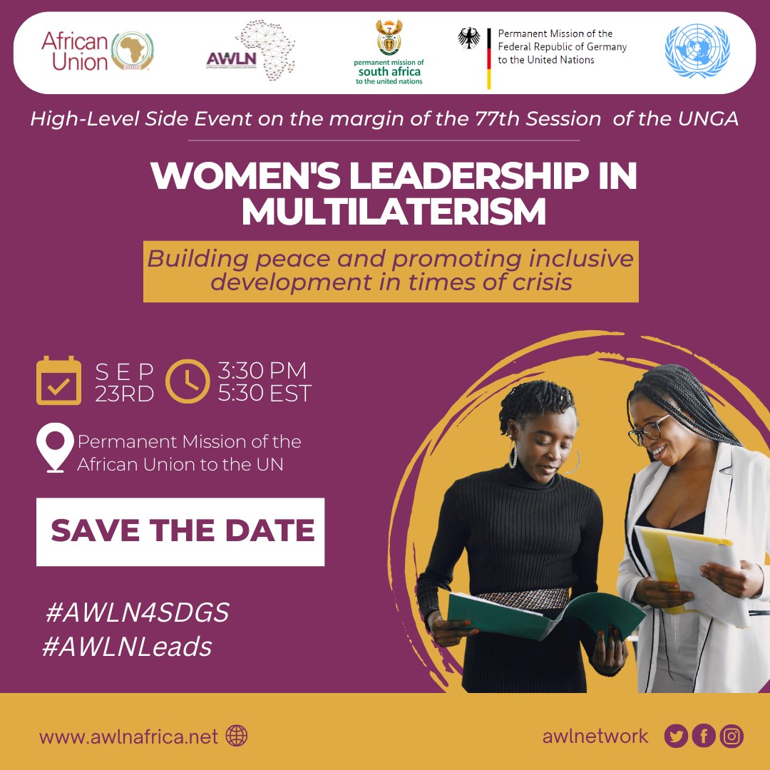 AWLNetwork's tweet photo. @AWLNetwork is organizing a #Highlevelevent on the margins of the @UN on 23 Sept @ 3:30pm ET themed "#Women's leadership in multilateralism."
Register here to join us online: https://t.co/hpGmb5qlp2
#AWLN4SDGS
#AWLNLeads
@phumlambongcuka @AUBinetaDiop @AwaNdiayeSeck1 https://t.co/4mO7ebTDBM