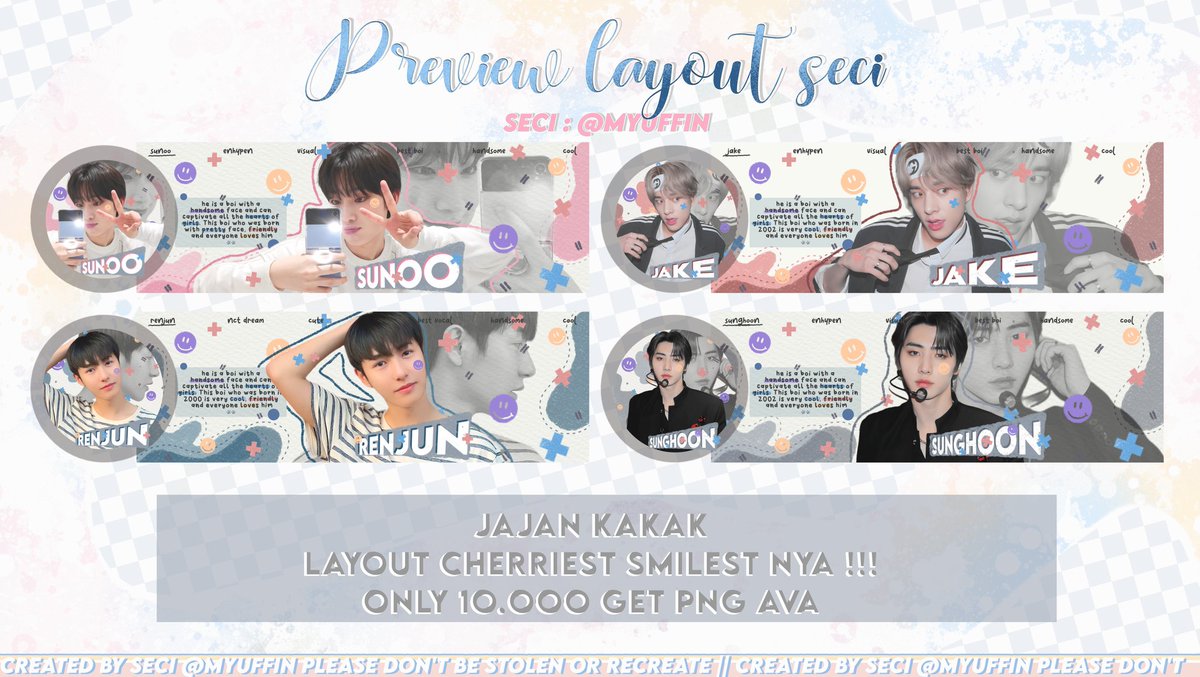 myuffin's tweet image. Help RT please? Thank you so mwaah!!

Halo Seci kembali dg layout ready stock gemey🥰
Ready winter, karina (2), jisoo, ningning, rei, heejin, yeojin, wony, yujin, rose, jennie, sunoo, jake, renjun, dan sunghoon
Bisa diorder nanti sore jam 16.00‼️
💰10.000

#zonauang #zonajajan