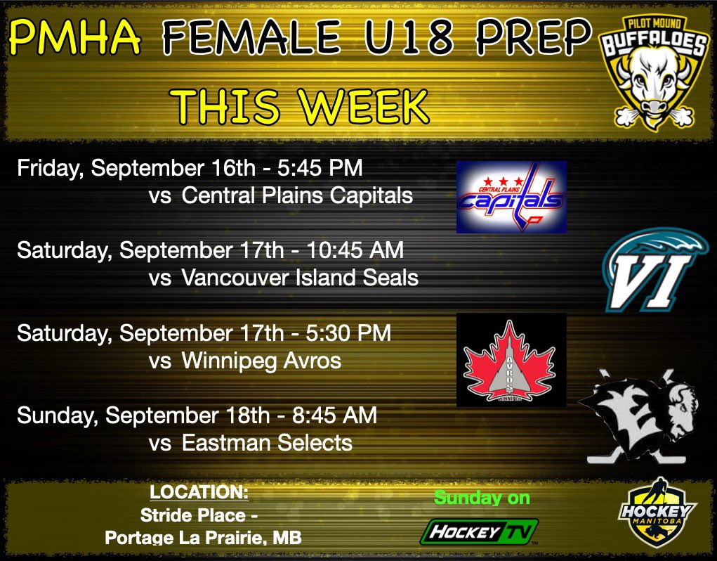 pmbuffaloes's tweet image. Week #1 of the 2022/23 season will be jam packed with action as all four of our PMHA programs are in game action in Pilot Mound, Grand Forks, and Portage! #pmbuffaloes