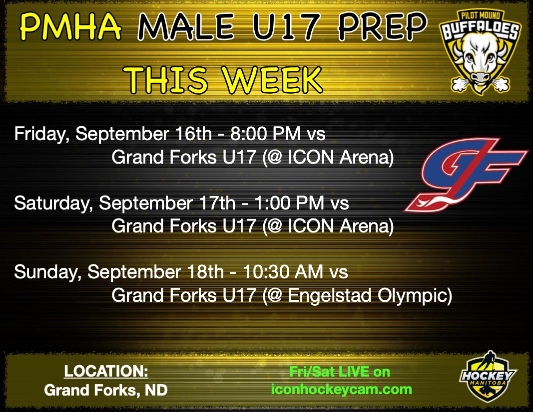 pmbuffaloes's tweet image. Week #1 of the 2022/23 season will be jam packed with action as all four of our PMHA programs are in game action in Pilot Mound, Grand Forks, and Portage! #pmbuffaloes