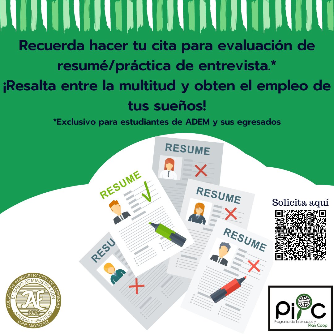 La feria de empleo se acerca. Saca tu cita ya. 
Si tu horario conflije con el de las citas, escríbenos un correo a pipc.adem<a href="/uprm/">RUM/UPRM</a>.edu y coordinamos en base a tu disponibilidad. 
¡No te pierdas nuestra gran feria de empleo!
@uprm <a href="/RullanAgustin/">Agustin Rullan</a>