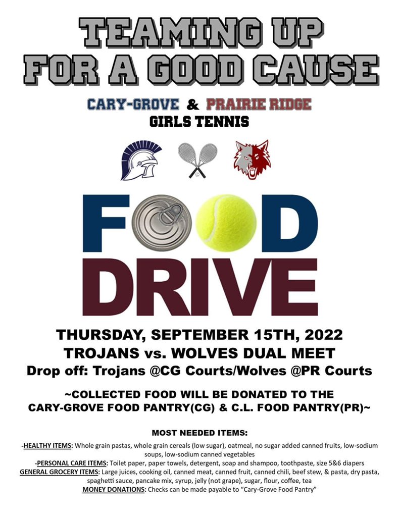 Teaming up w/CG Tennis for a food drive! Please stop by w/your food donation to be given to our local food pantries—CG donations will go to Cary-Grove Food Pantry &amp; PR’s donations will go to Crystal Lake Food Pantry <a href="/PrairieRidgeHS/">Prairie Ridge H.S.</a>