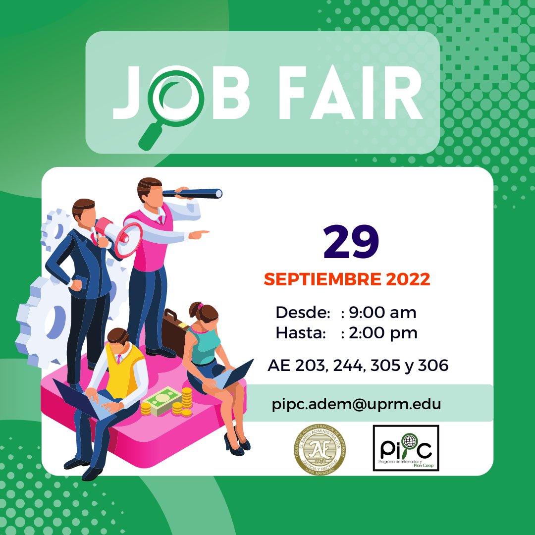 RECORDATORIO:
La feria de empleo de ADEM (la más grande realizada hasta el momento) será el 29 de septiembre. Tenemos muchas sorpresas para tu beneficio. 

¡No te la puedes perder!

<a href="/uprm/">RUM/UPRM</a> <a href="/RullanAgustin/">Agustin Rullan</a>