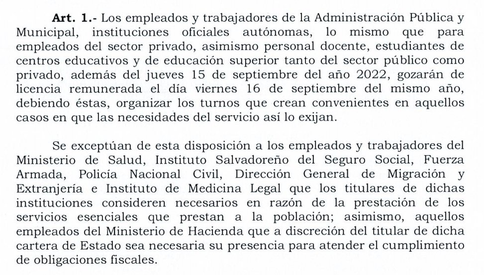 lexpineda's tweet photo. #PuenteDeIndependencia| Este es el extracto del decreto legislativo que se refiere al asueto remunerado del viernes 16 de septiembre, para quiénes aplica y para quiénes no. https://t.co/BmVyGo2k41