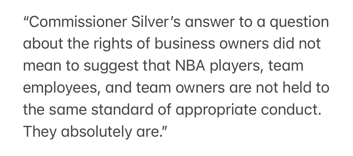 ShamsCharania's tweet photo. Regarding the reaction to commissioner Adam Silver's comments today about team owners having different rights than employees, NBA spokesman Mike Bass offered this clarification: https://t.co/xT8LyAejev
