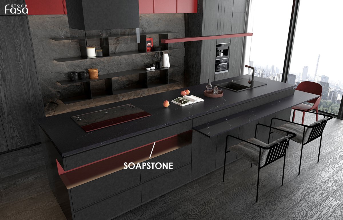 #Soapstone
You can see the black marble countertop, the dark wood cabinets and the red accents, creating an alternative dark kitchen design.
#quartzstone #quartzsurface #stoneslab #marble #countertop #kitchen 
fasastone.com